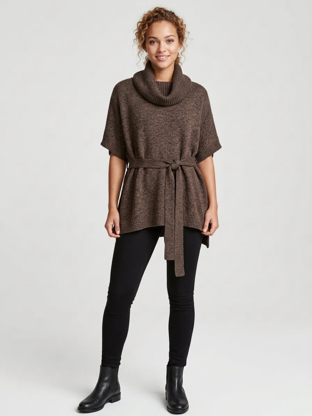 H&M Oversized Belted Marled Knit Poncho Sweater